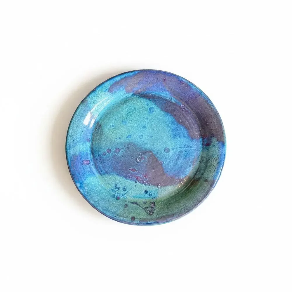 Studio Art Pottery Platter-Signed Blue Purple Green-Iridescent Ceramic-Coastal